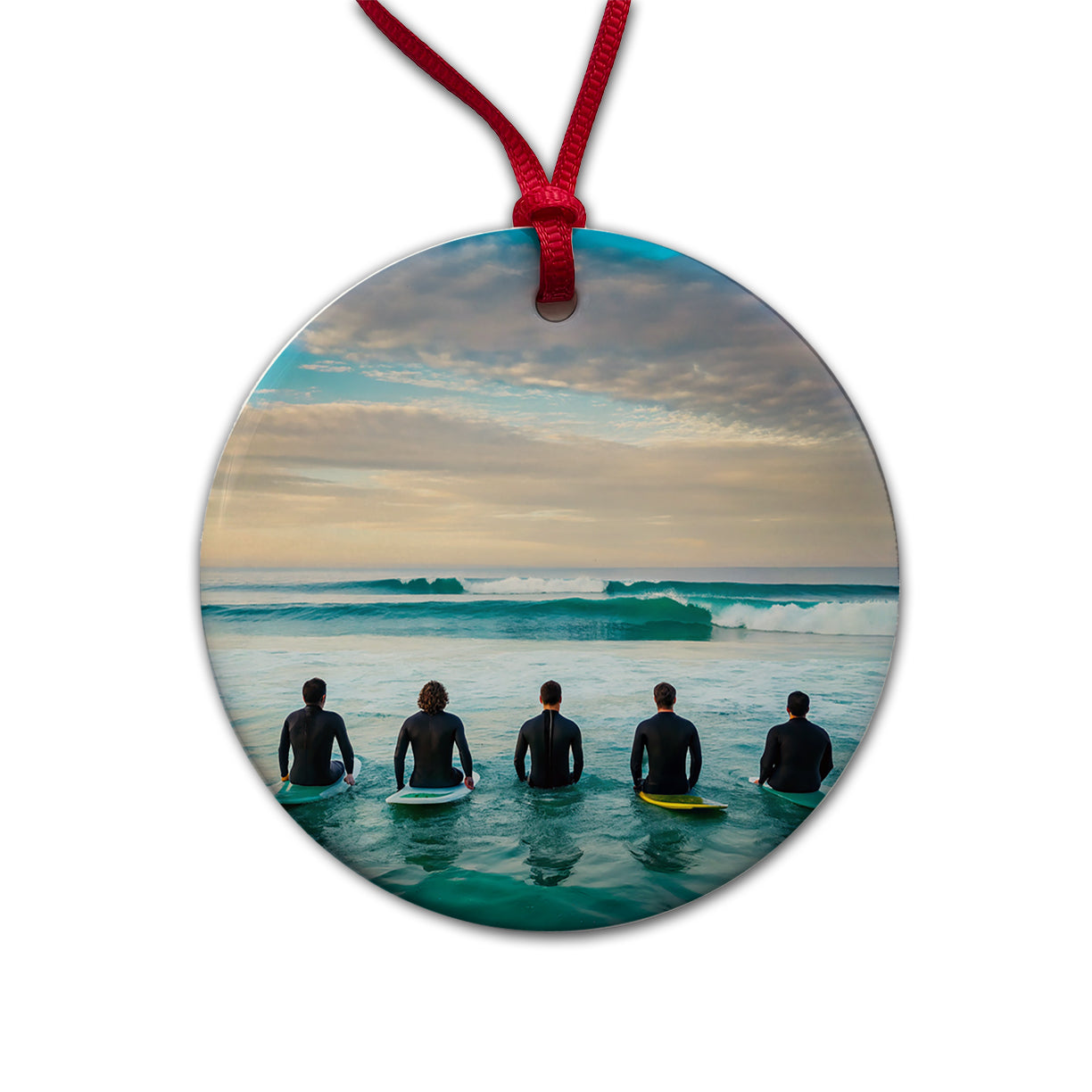 Surfing Surfers Surfboards Lineup Ocean Round Ceramic Holiday Christmas Tree Ornament
