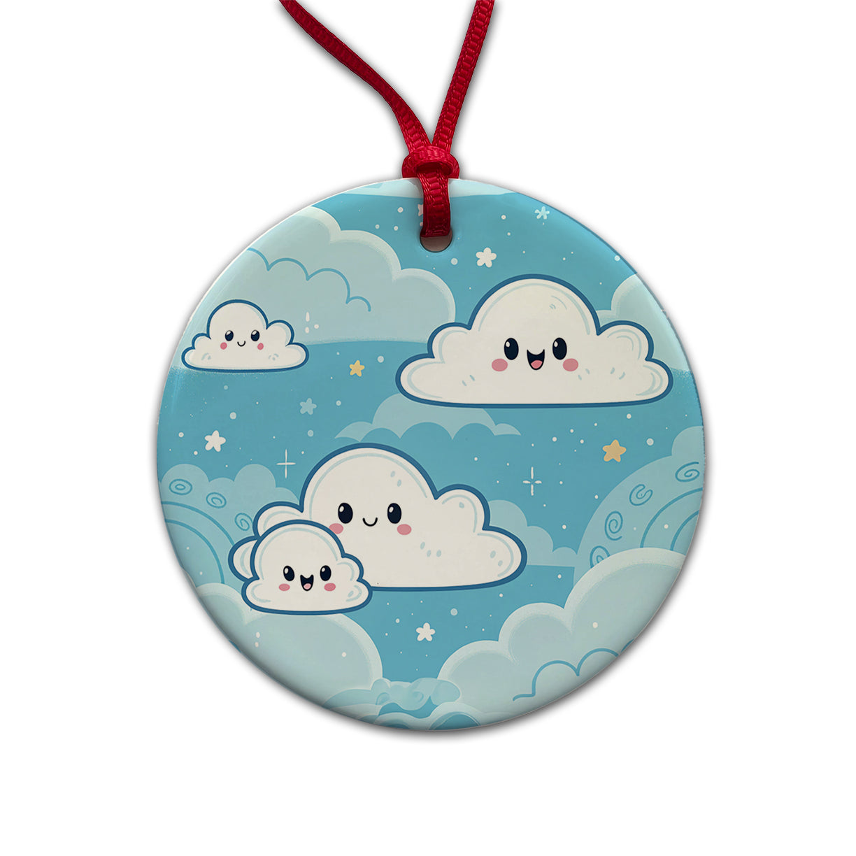 Sweet Puffy Clouds Kawaii Style Round Ceramic Holiday Christmas Tree Ornament