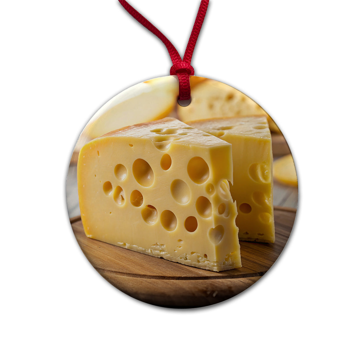 Swiss Cheese on Cutting Board Round Ceramic Holiday Christmas Tree Ornament
