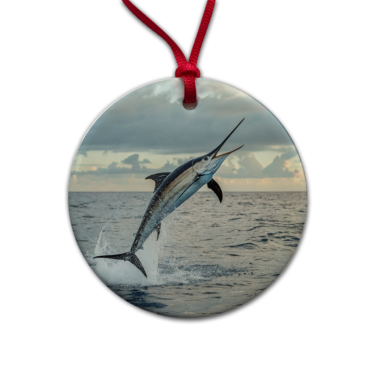 Swordfish Jumping Fishing Round Ceramic Holiday Christmas Tree Ornament