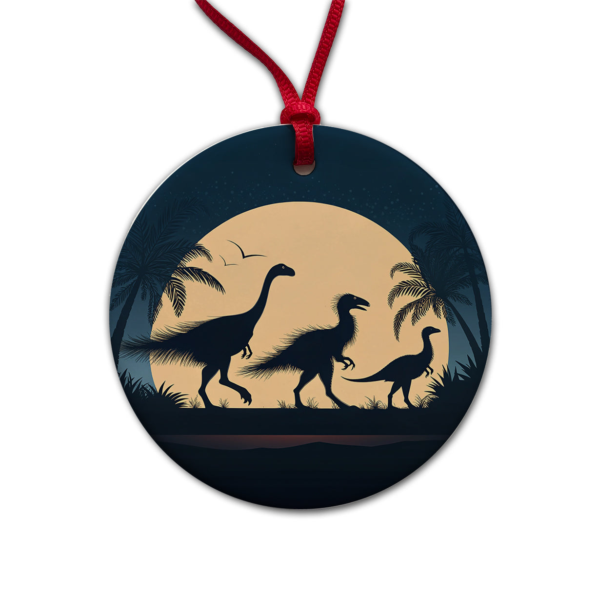 Therizinosaurus Silhouettes Night Dinosaurs Round Ceramic Holiday Christmas Tree Ornament