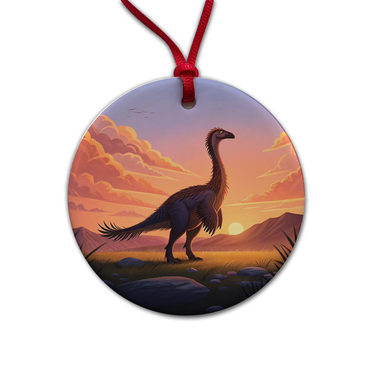 Therizinosaurus Sunset Sunrise Dinosaur Round Ceramic Holiday Christmas Tree Ornament