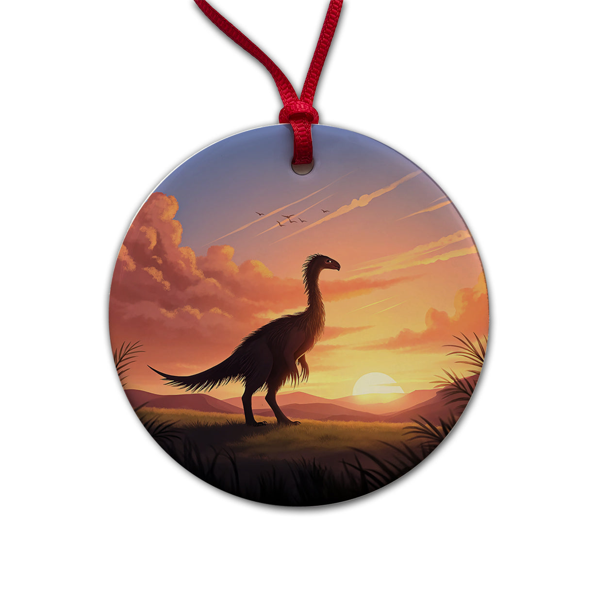 Therizinosaurus Sunset Round Ceramic Holiday Christmas Tree Ornament