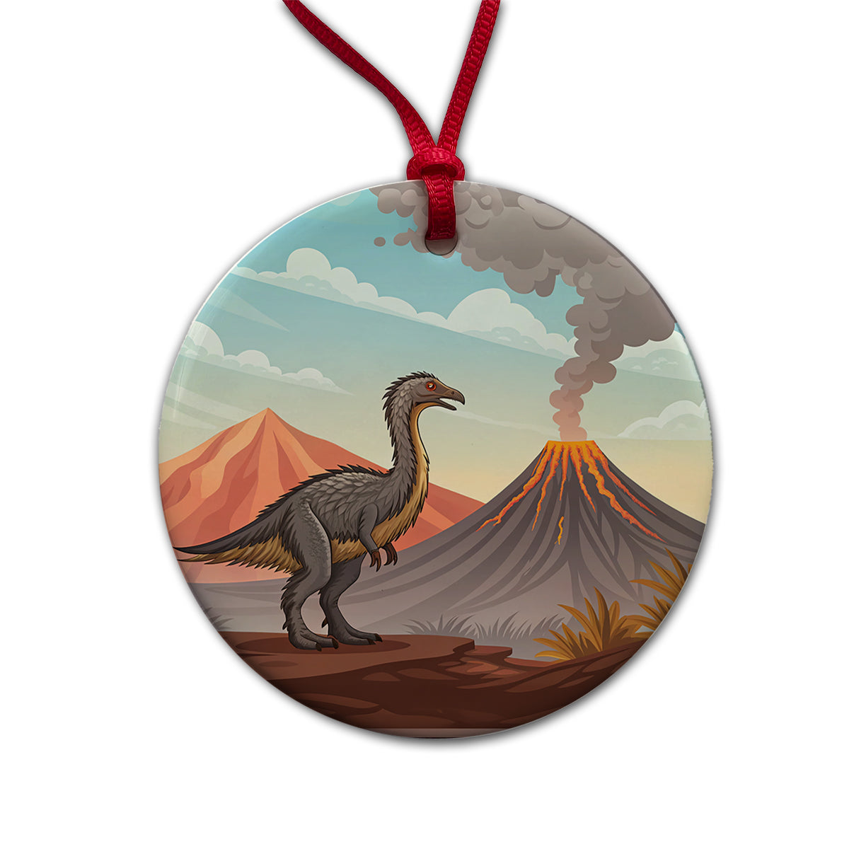 Therizinosaurus Volcano Round Ceramic Holiday Christmas Tree Ornament