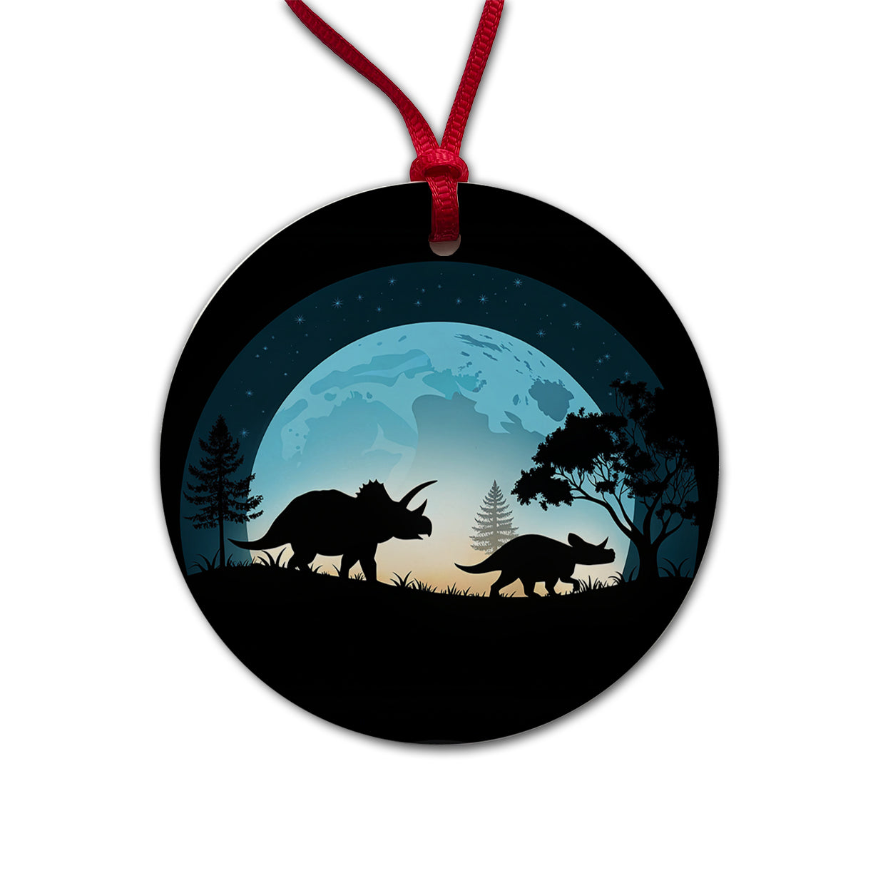 Triceratops Silhouettes Night Dinosaurs Round Ceramic Holiday Christmas Tree Ornament