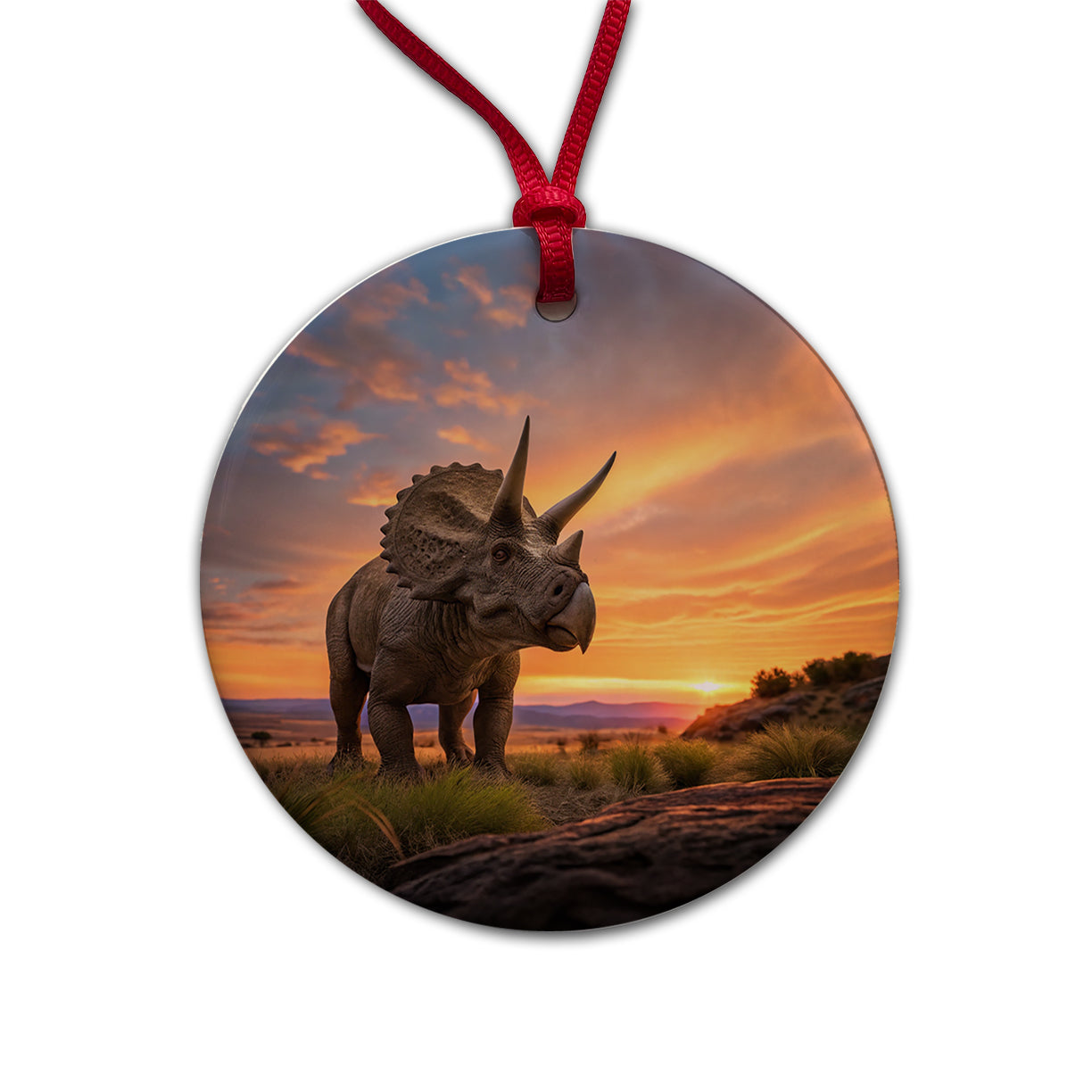 Triceratops Sunset Dinosaur Round Ceramic Holiday Christmas Tree Ornament