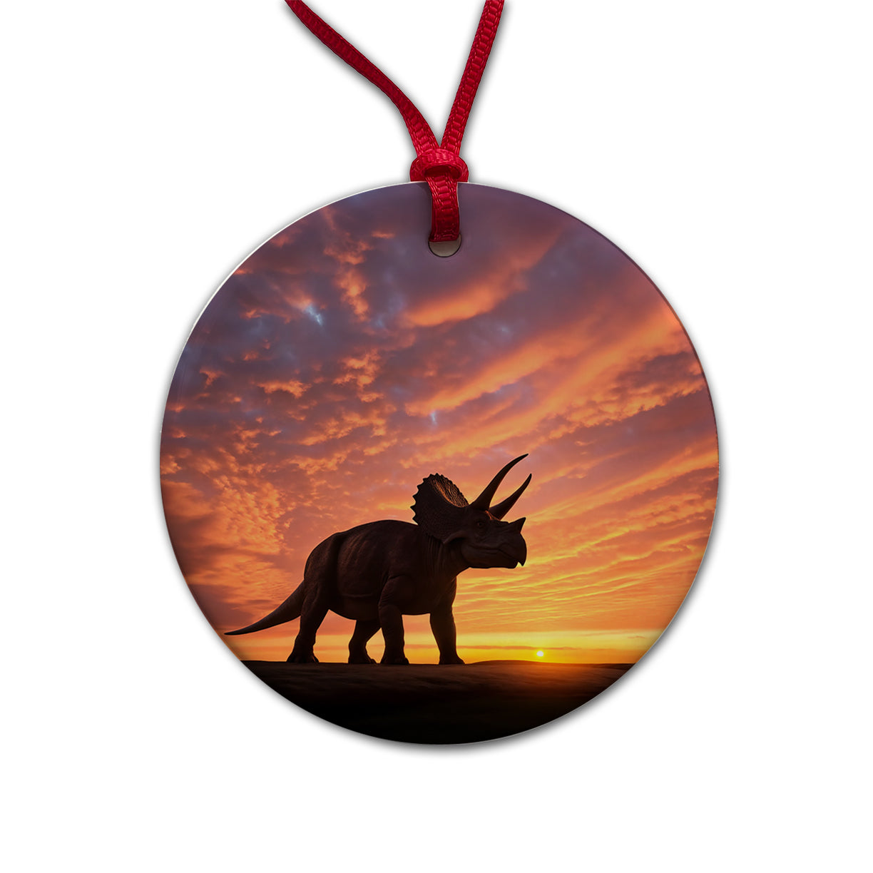 Triceratops Sunset Sunrise Dinosaur Round Ceramic Holiday Christmas Tree Ornament
