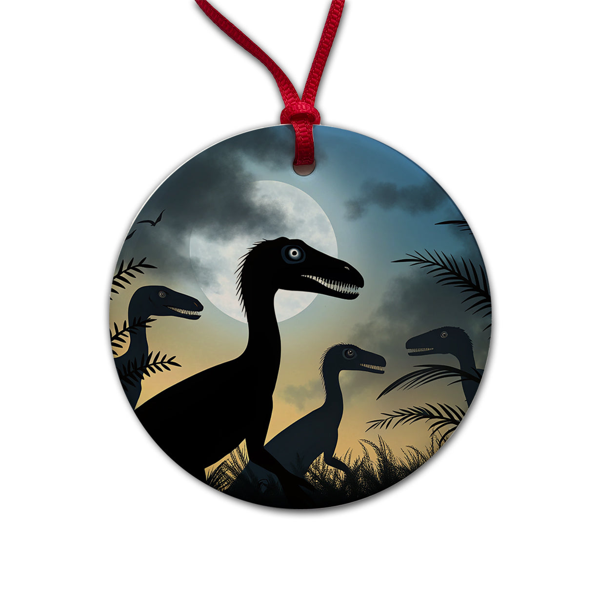 Troodon Silhouettes Night Dinosaurs Round Ceramic Holiday Christmas Tree Ornament