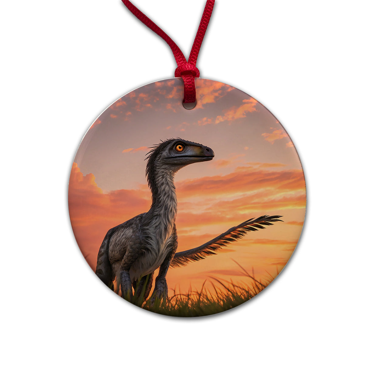Troodon Sunset Sunrise Dinosaur Round Ceramic Holiday Christmas Tree Ornament