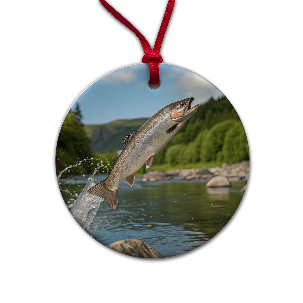 Trout Fish Jumping Fishing River Round Ceramic Holiday Christmas Tree Ornament
