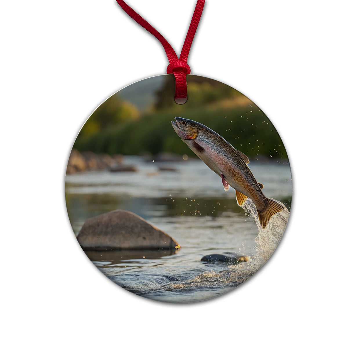 Trout Fish Jumping Fishing Round Ceramic Holiday Christmas Tree Ornament