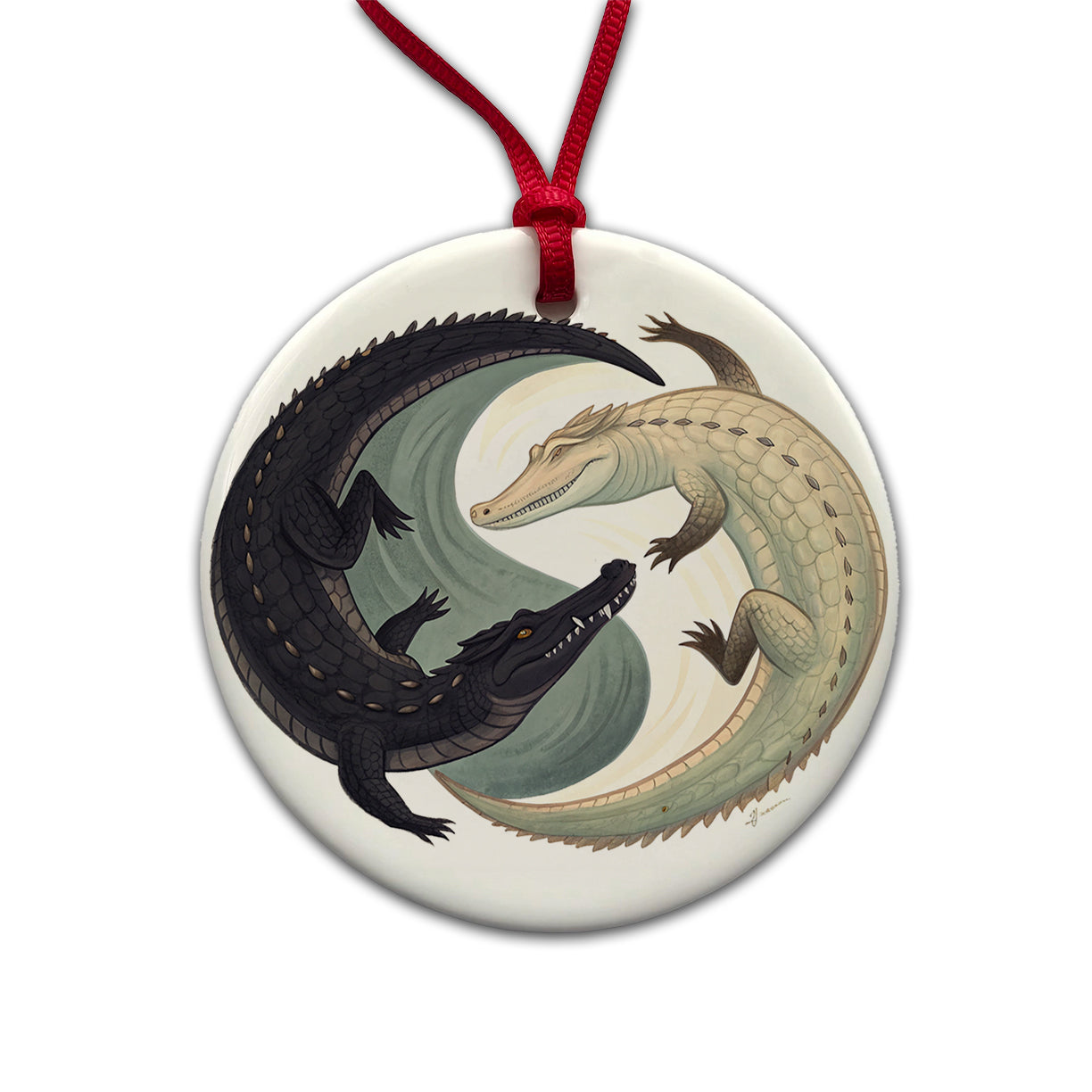 Two Alligators Yin Yang Round Ceramic Holiday Christmas Tree Ornament