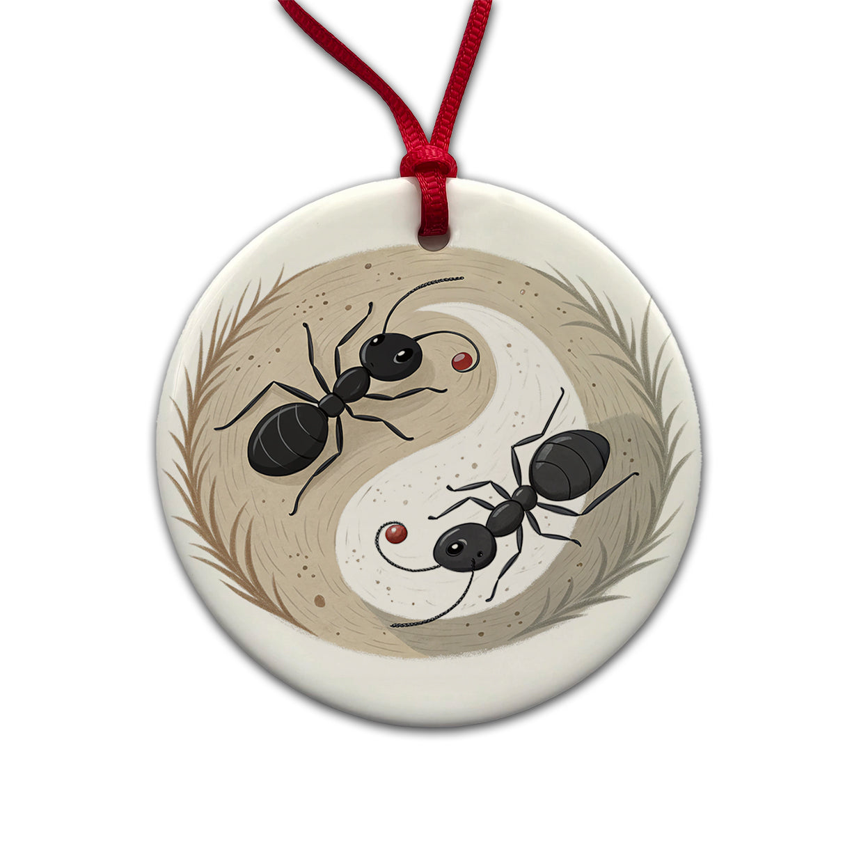 Two Ants Yin Yang Round Ceramic Holiday Christmas Tree Ornament