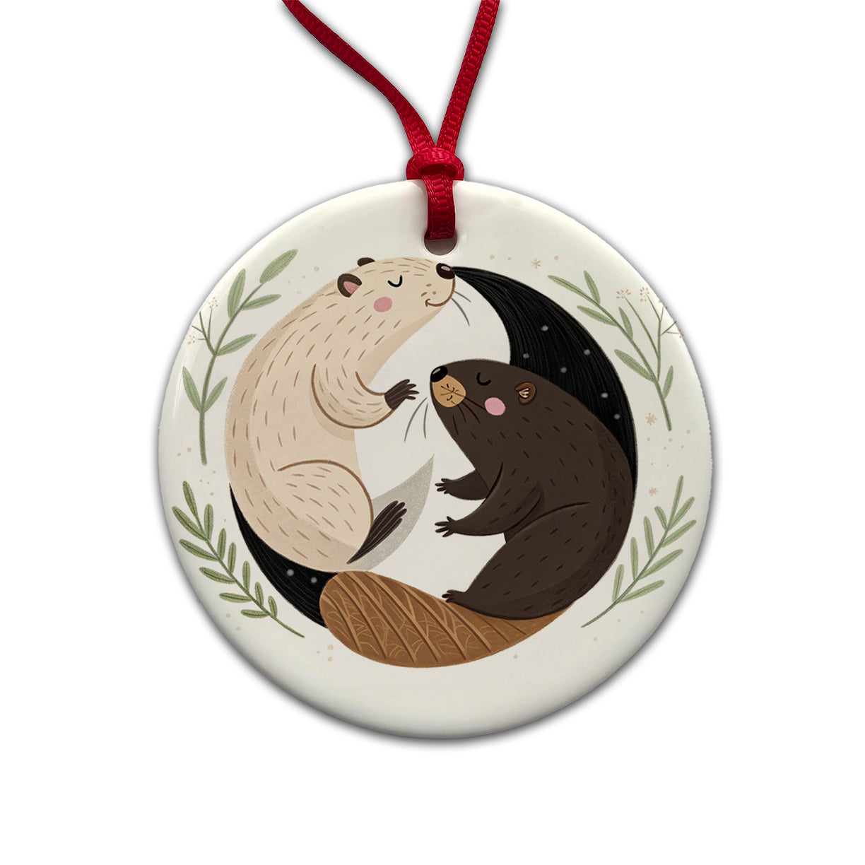 Two Beavers Yin Yang Cute Round Ceramic Holiday Christmas Tree Ornament