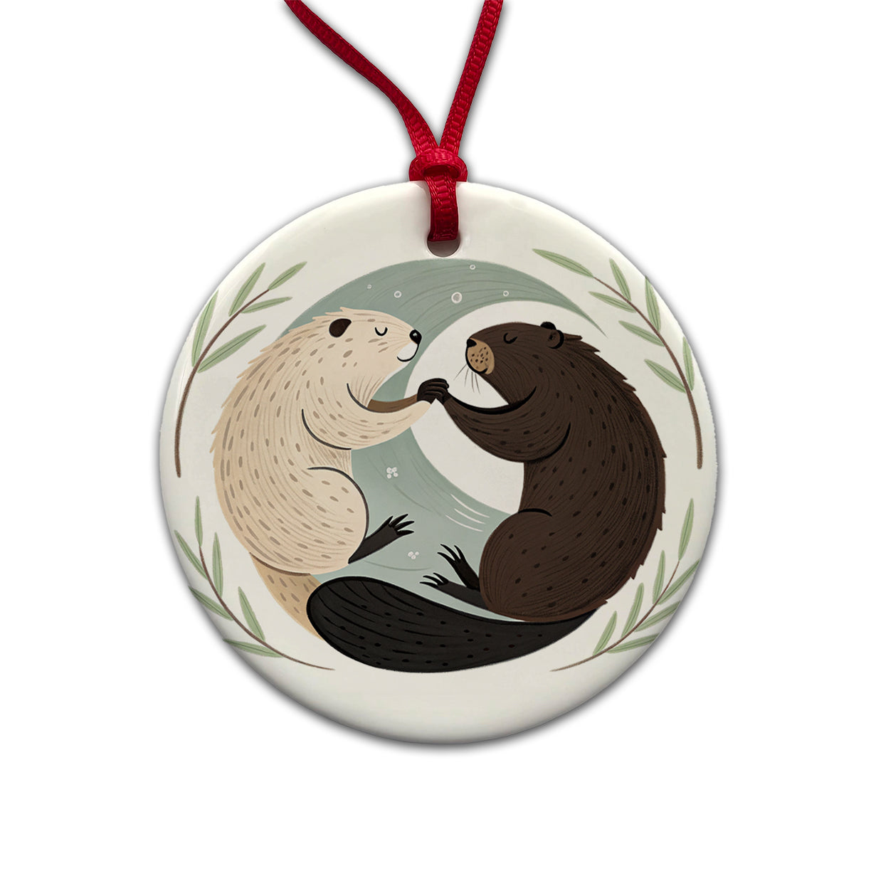 Two Beavers Yin Yang Round Ceramic Holiday Christmas Tree Ornament