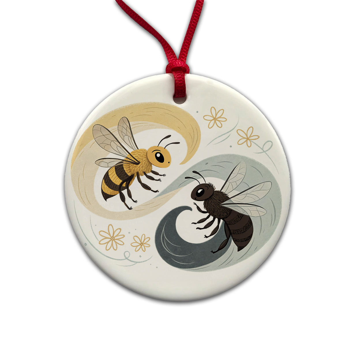 Two Bees Yin Yang Round Ceramic Holiday Christmas Tree Ornament