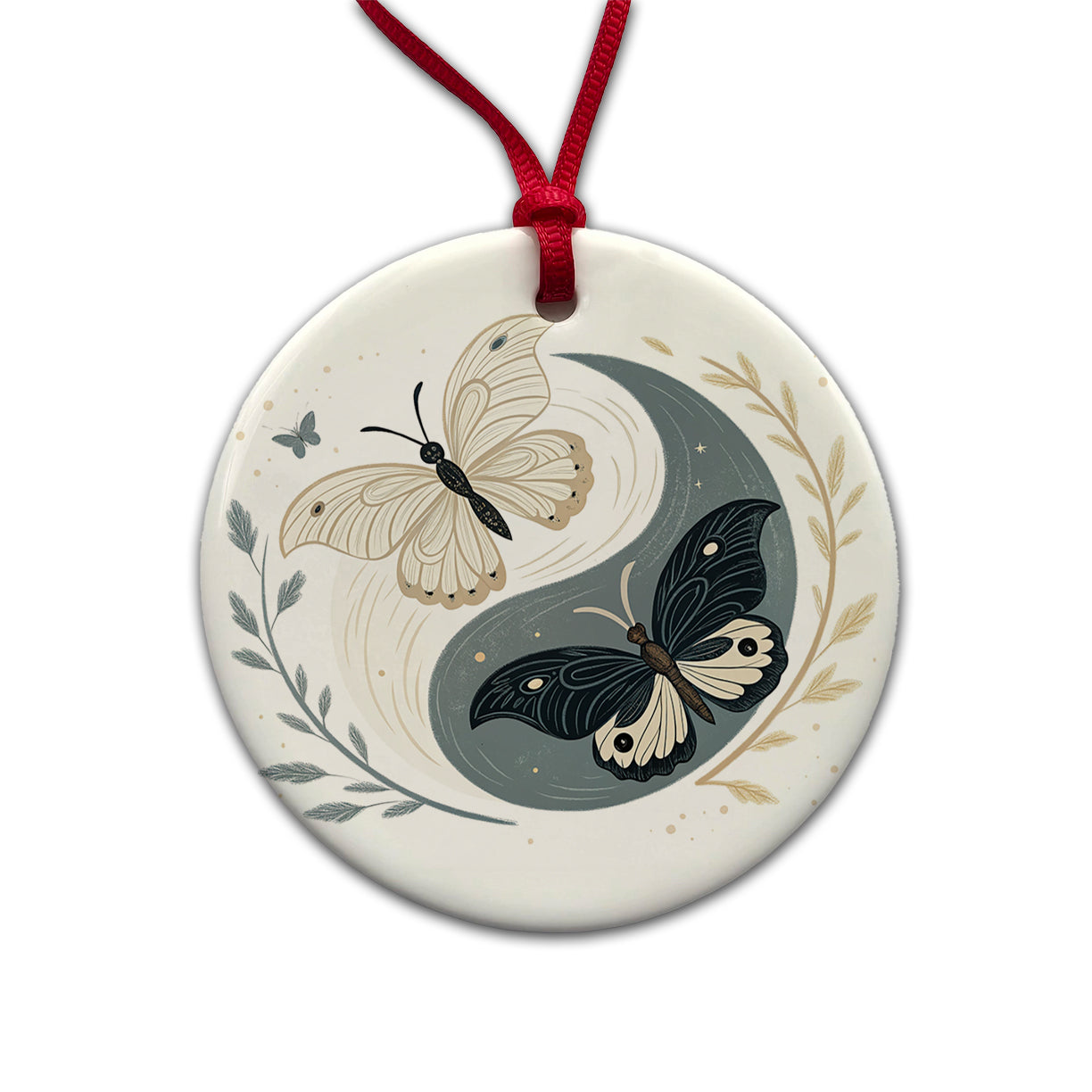 Two Butterflies Yin Yang Round Ceramic Holiday Christmas Tree Ornament