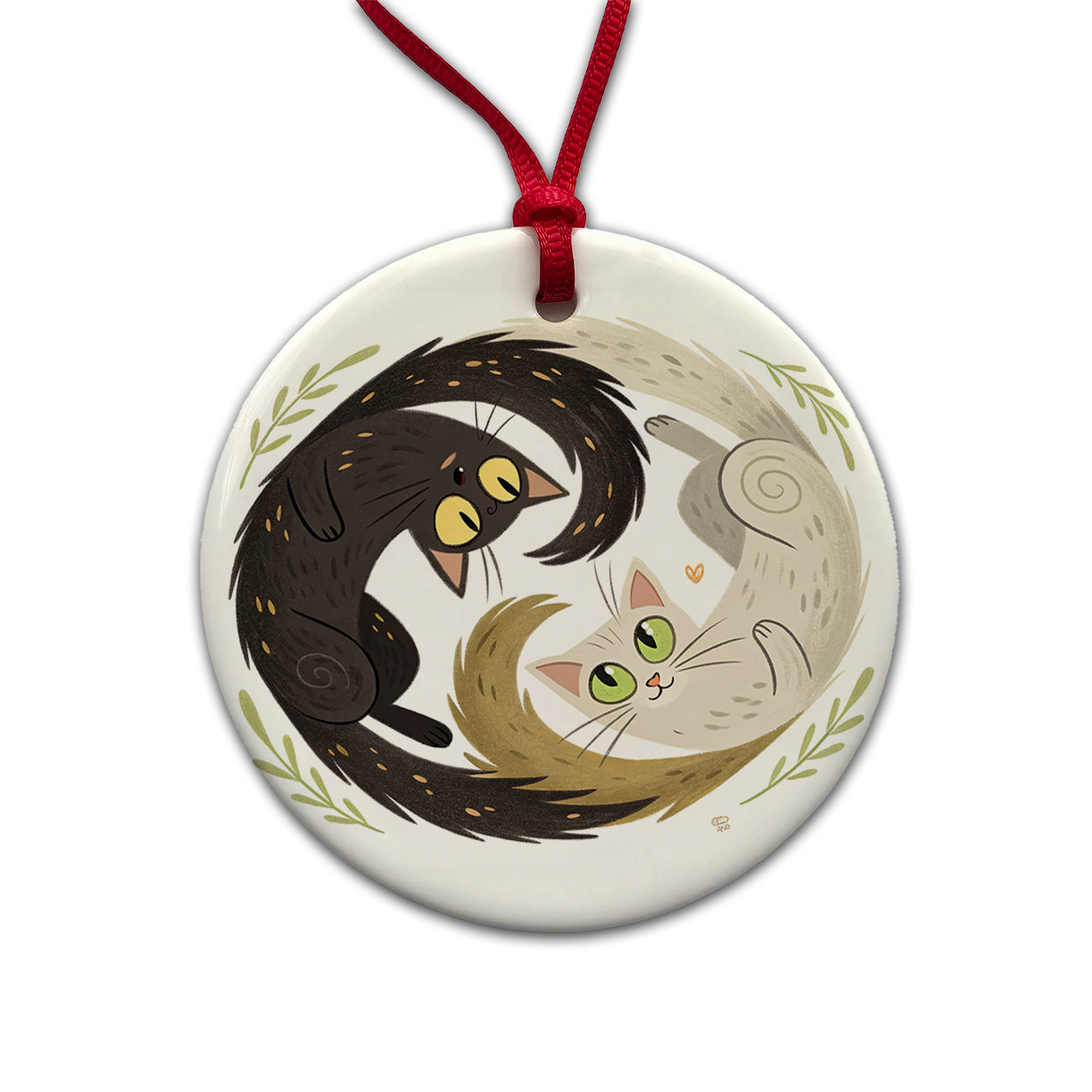 Two Cats Yin Yang Round Ceramic Holiday Christmas Tree Ornament