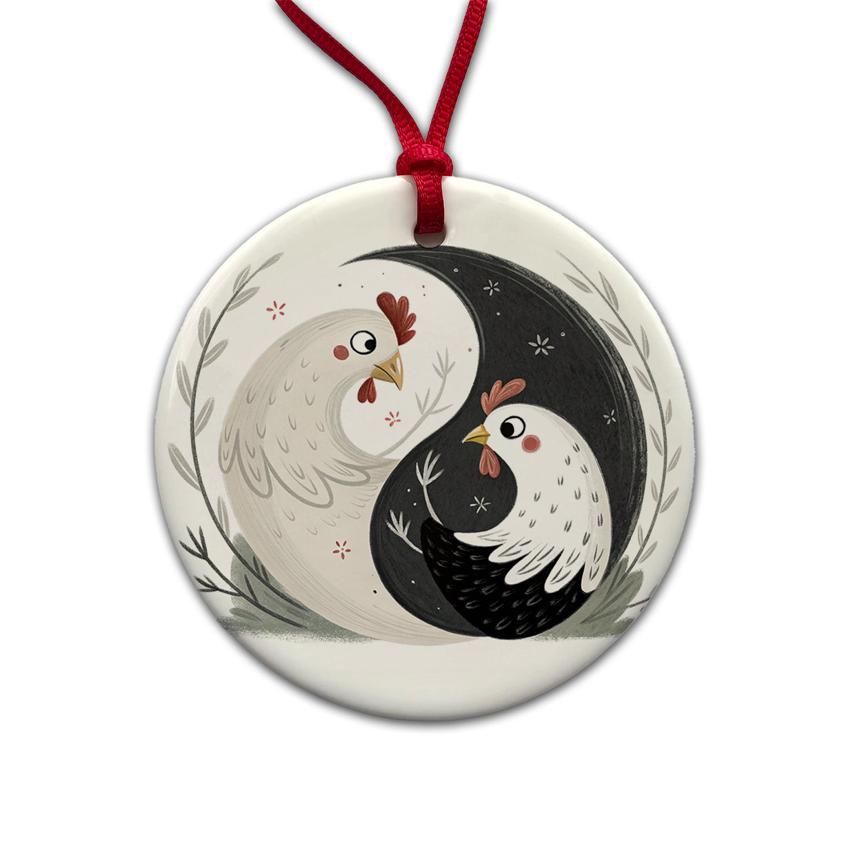 Two Chickens Yin Yang Round Ceramic Holiday Christmas Tree Ornament