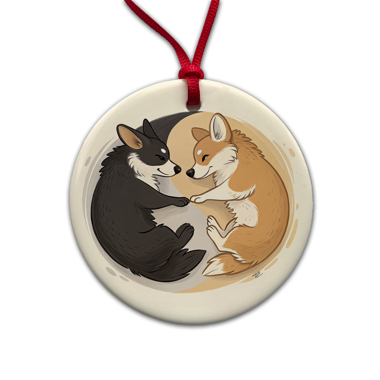 Two Corgis Yin Yang Dogs Round Ceramic Holiday Christmas Tree Ornament