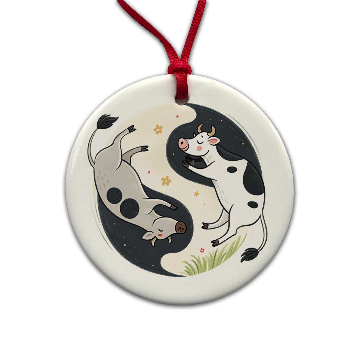 Two Cows Yin Yang Round Ceramic Holiday Christmas Tree Ornament