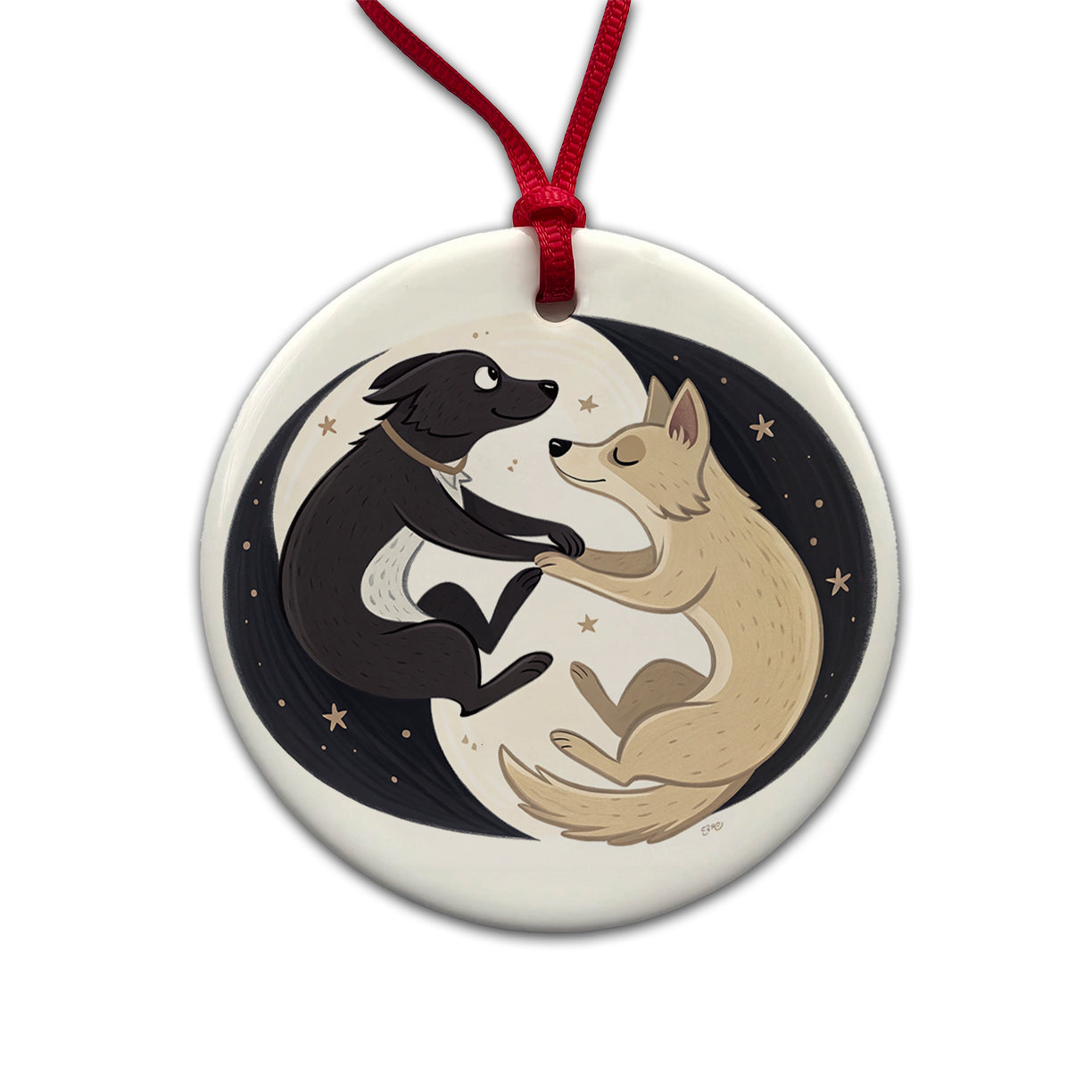 Two Dogs Yin Yang Round Ceramic Holiday Christmas Tree Ornament