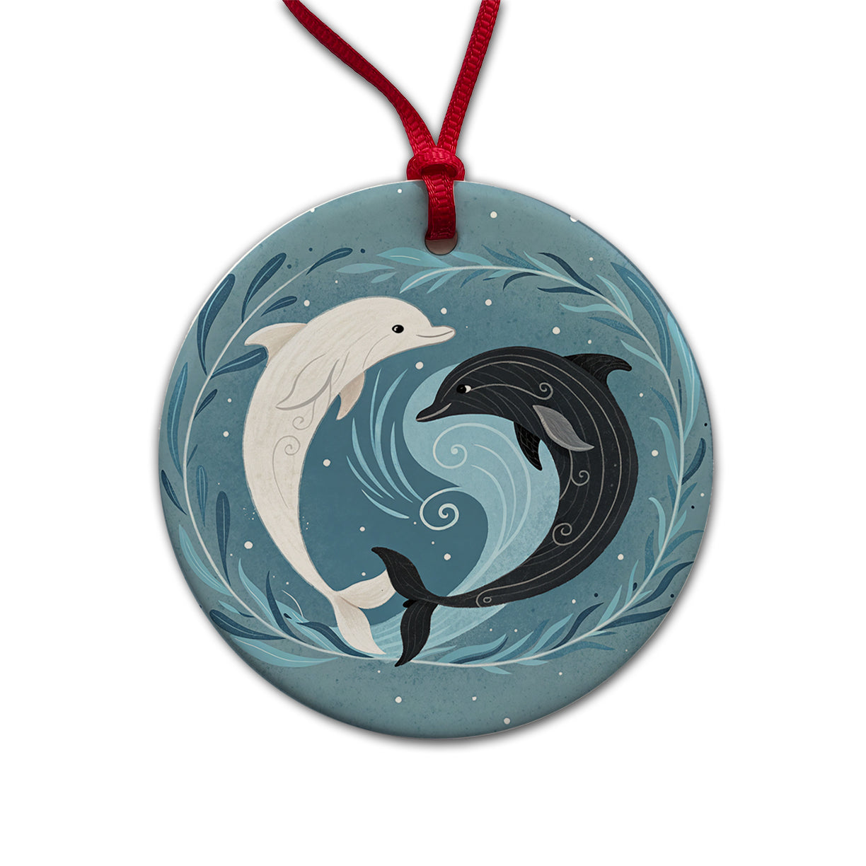 Two Dolphins Yin Yang Round Ceramic Holiday Christmas Tree Ornament