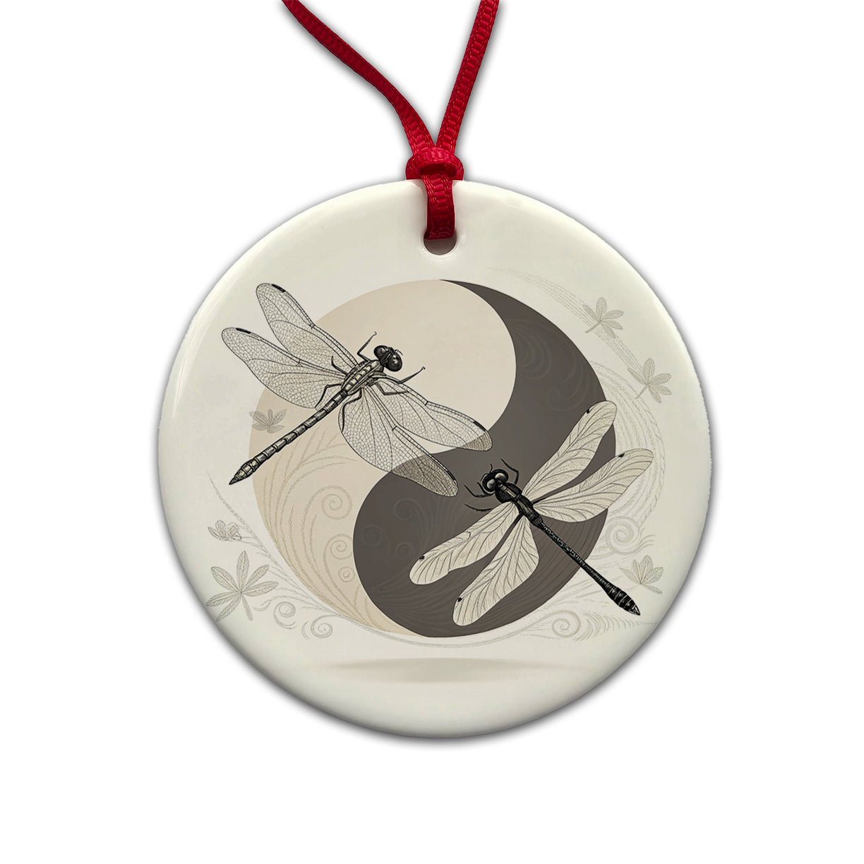 Two Dragonflies Yin Yang Round Ceramic Holiday Christmas Tree Ornament