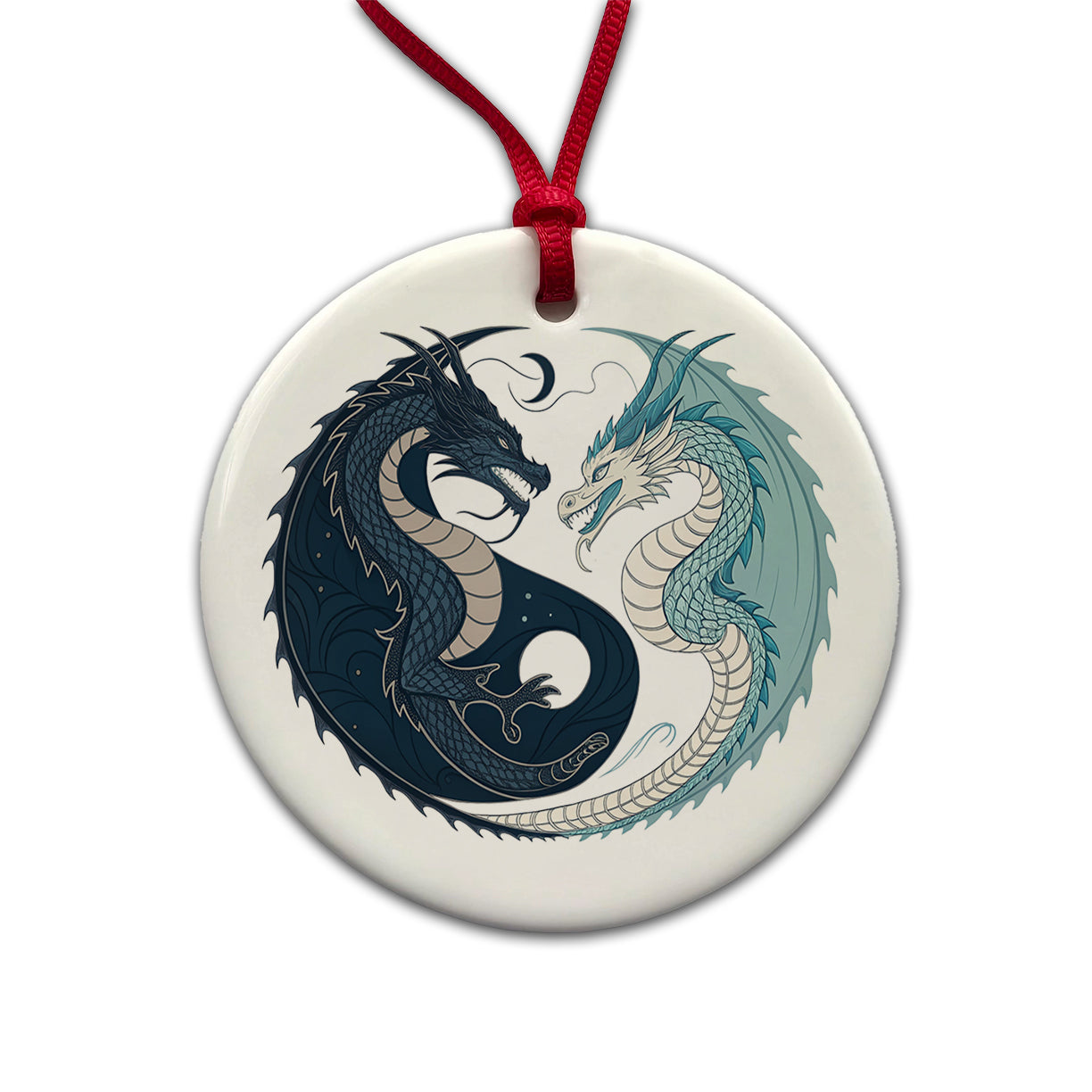 Two Dragons Yin Yang Dark Light Round Ceramic Holiday Christmas Tree Ornament
