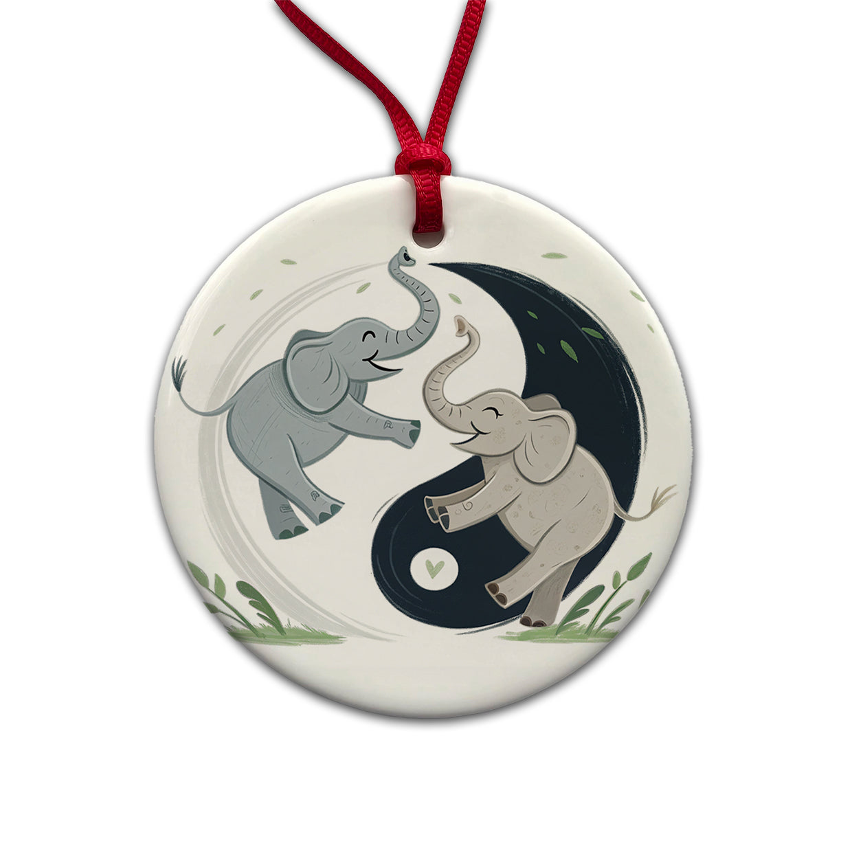 Two Elephants Yin Yang Cute Round Ceramic Holiday Christmas Tree Ornament