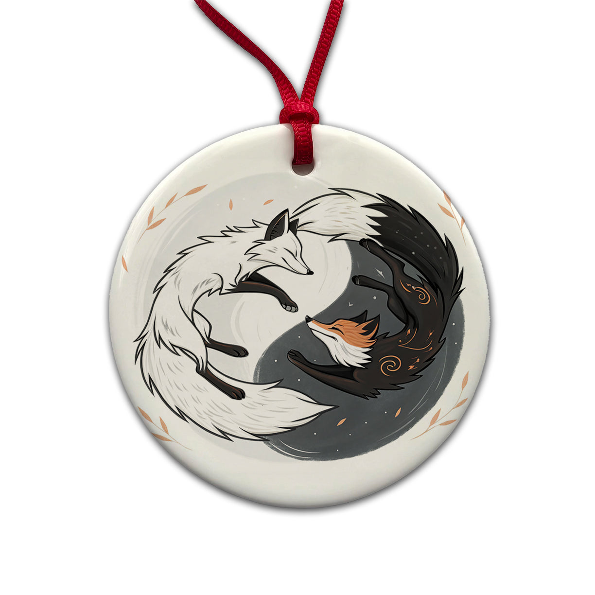 Two Foxes Yin Yang Round Ceramic Holiday Christmas Tree Ornament
