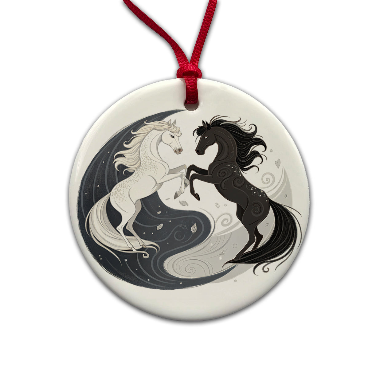 Two Horses Yin Yang Dark Light Round Ceramic Holiday Christmas Tree Ornament