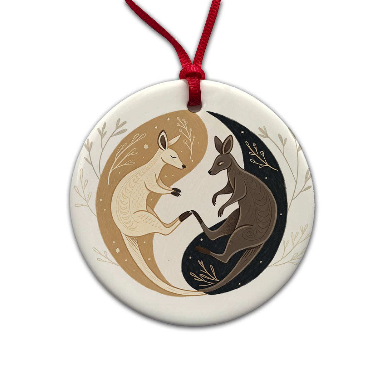 Two Kangaroos Yin Yang Dark Light Round Ceramic Holiday Christmas Tree Ornament