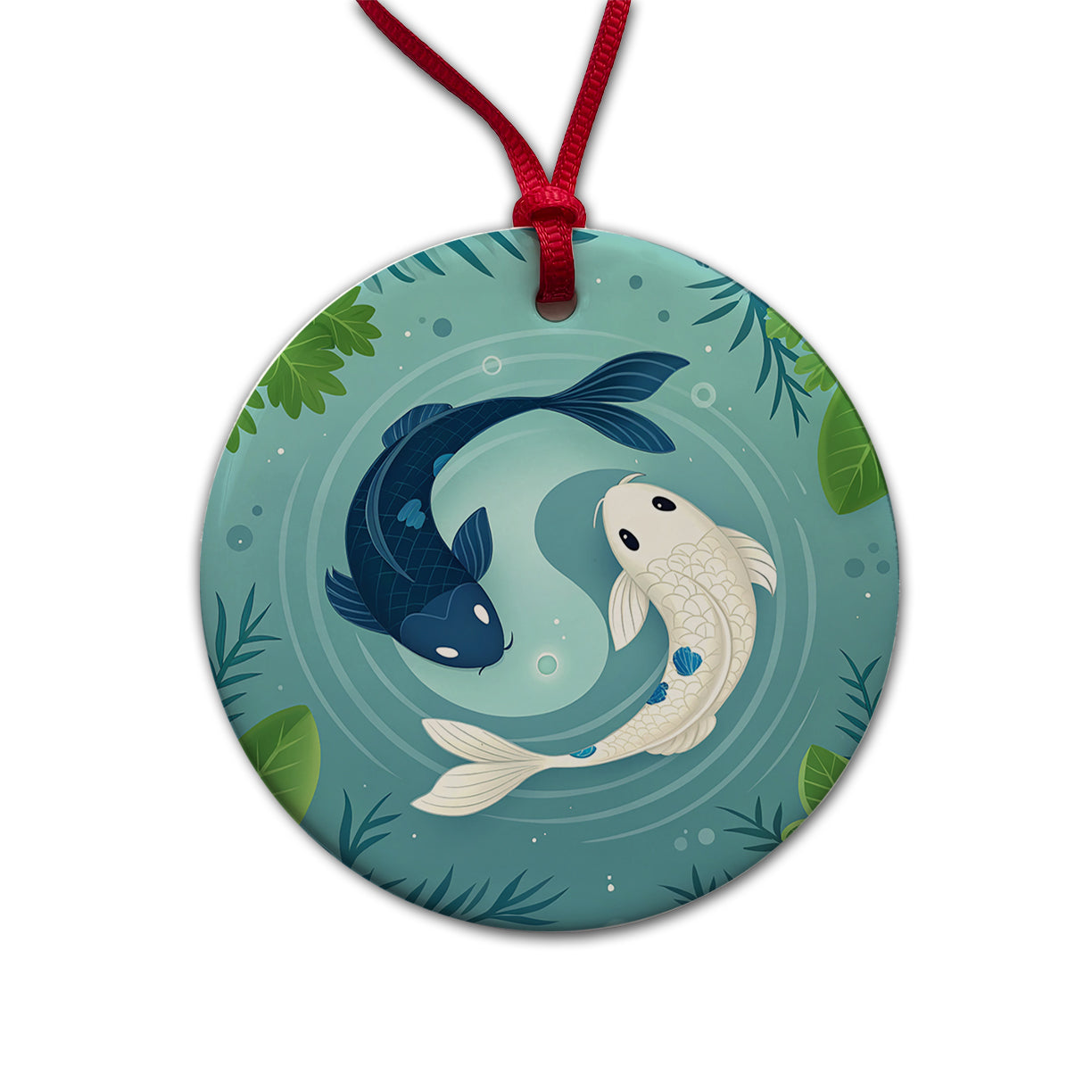 Two Koi Yin Yang Cute Round Ceramic Holiday Christmas Tree Ornament