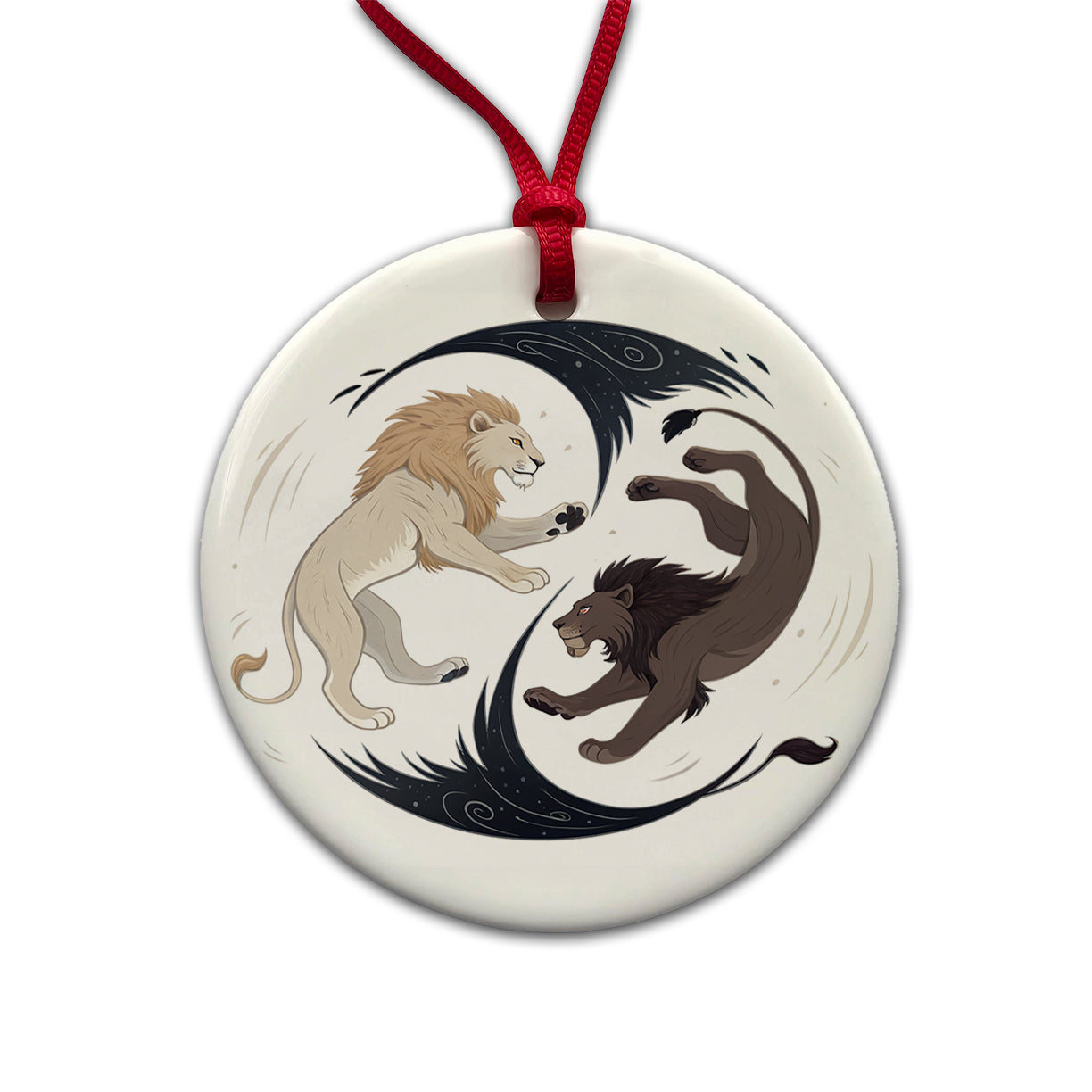 Two Lions Yin Yang Dark Light Round Ceramic Holiday Christmas Tree Ornament