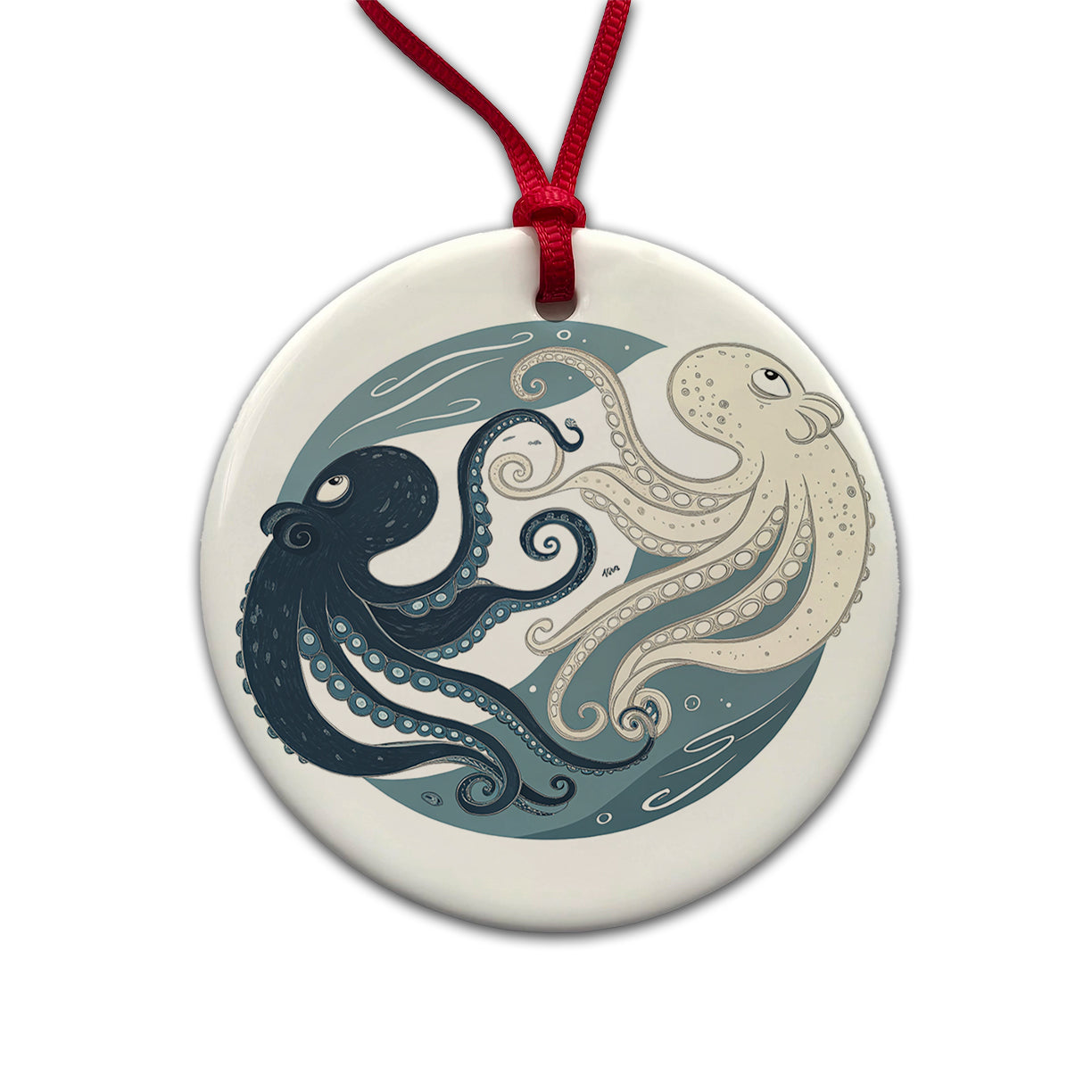 Two Octopus Yin Yang Round Ceramic Holiday Christmas Tree Ornament