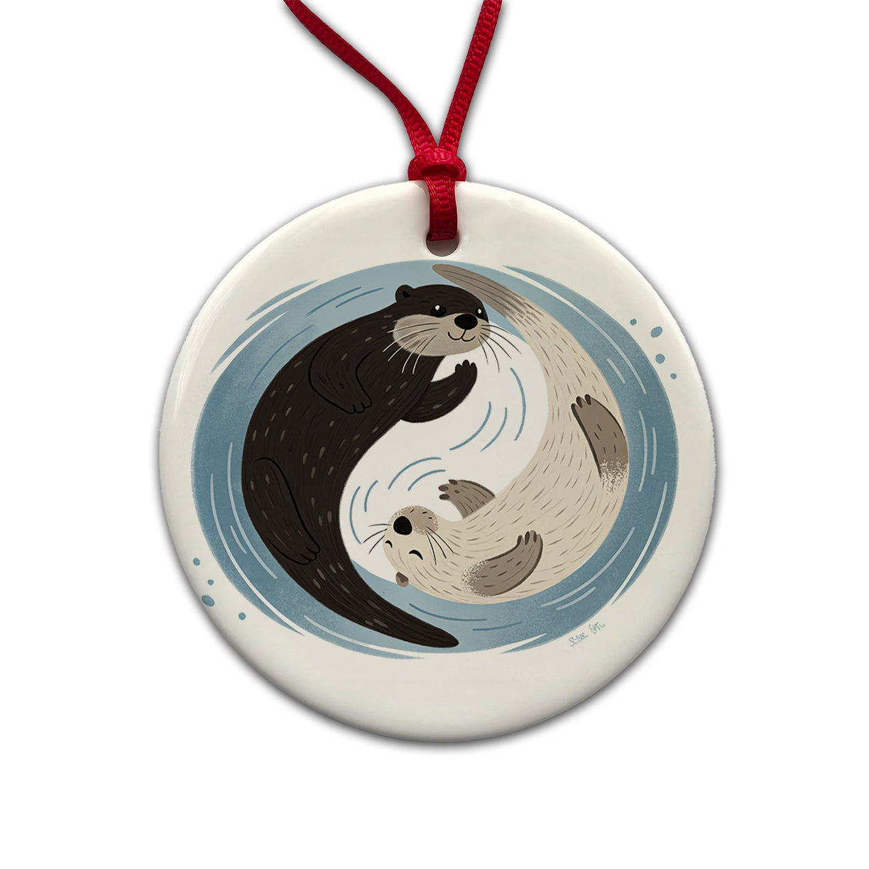 Two Otters Yin Yang Cute Round Ceramic Holiday Christmas Tree Ornament