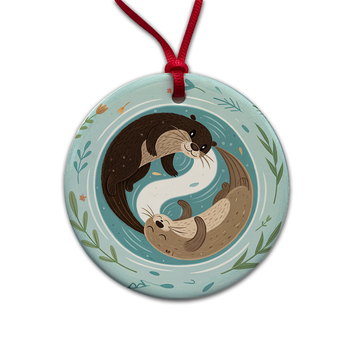 Two Otters Yin Yang Round Ceramic Holiday Christmas Tree Ornament