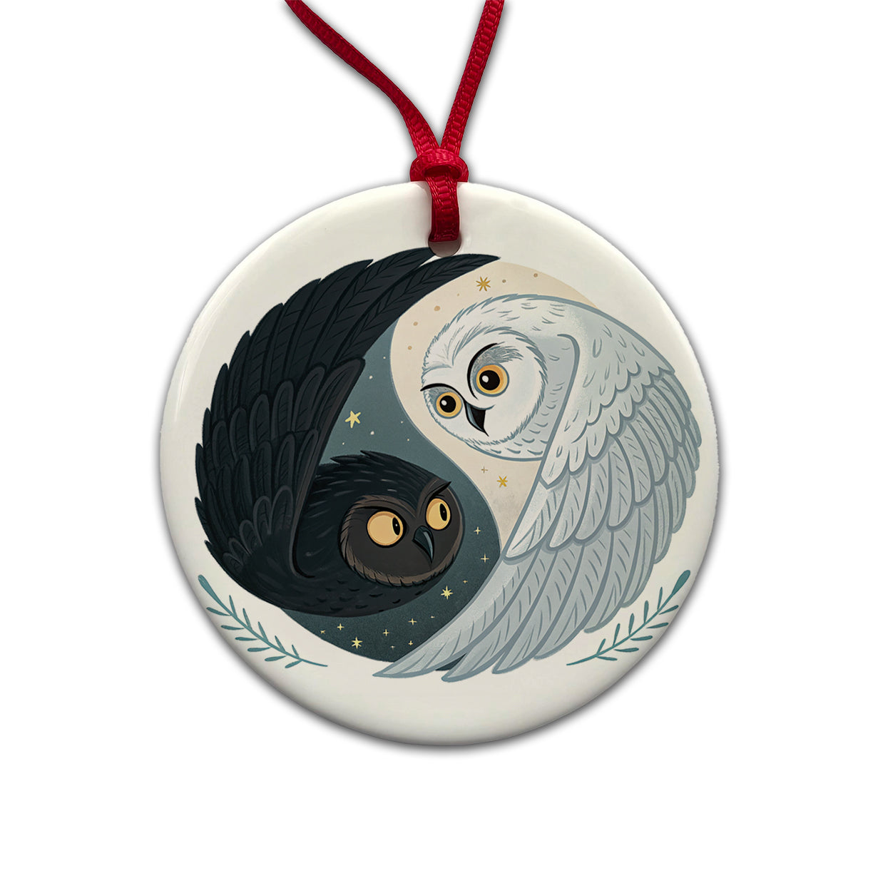 Two Owls Yin Yang Black White Round Ceramic Holiday Christmas Tree Ornament