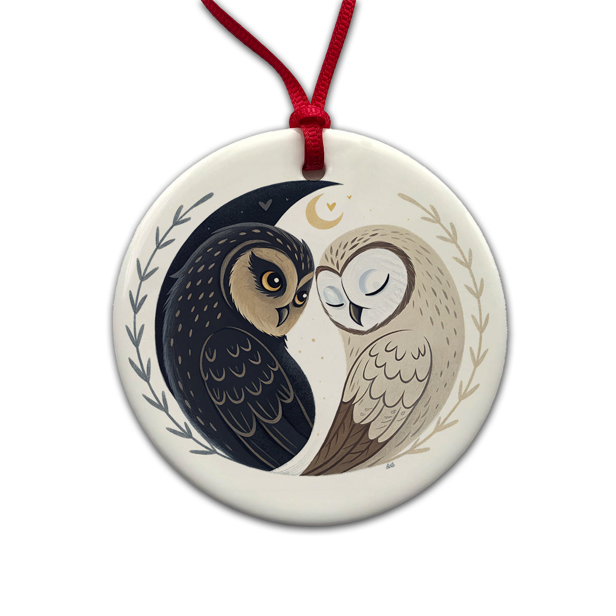 Two Owls Yin Yang Round Ceramic Holiday Christmas Tree Ornament