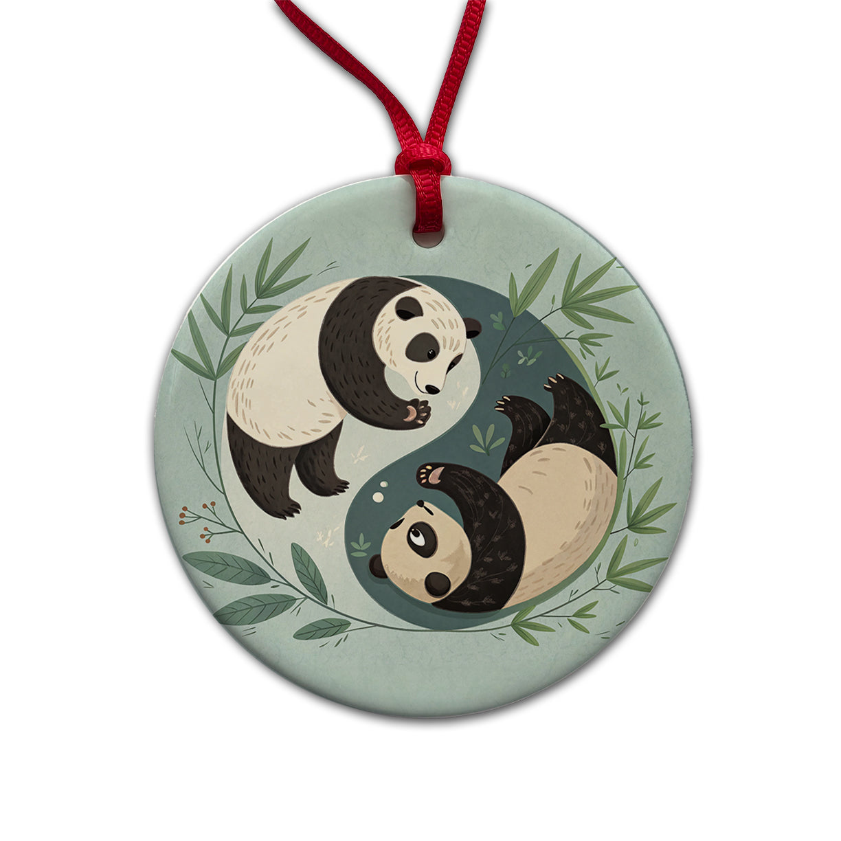 Two Pandas Yin Yang Cute Round Ceramic Holiday Christmas Tree Ornament