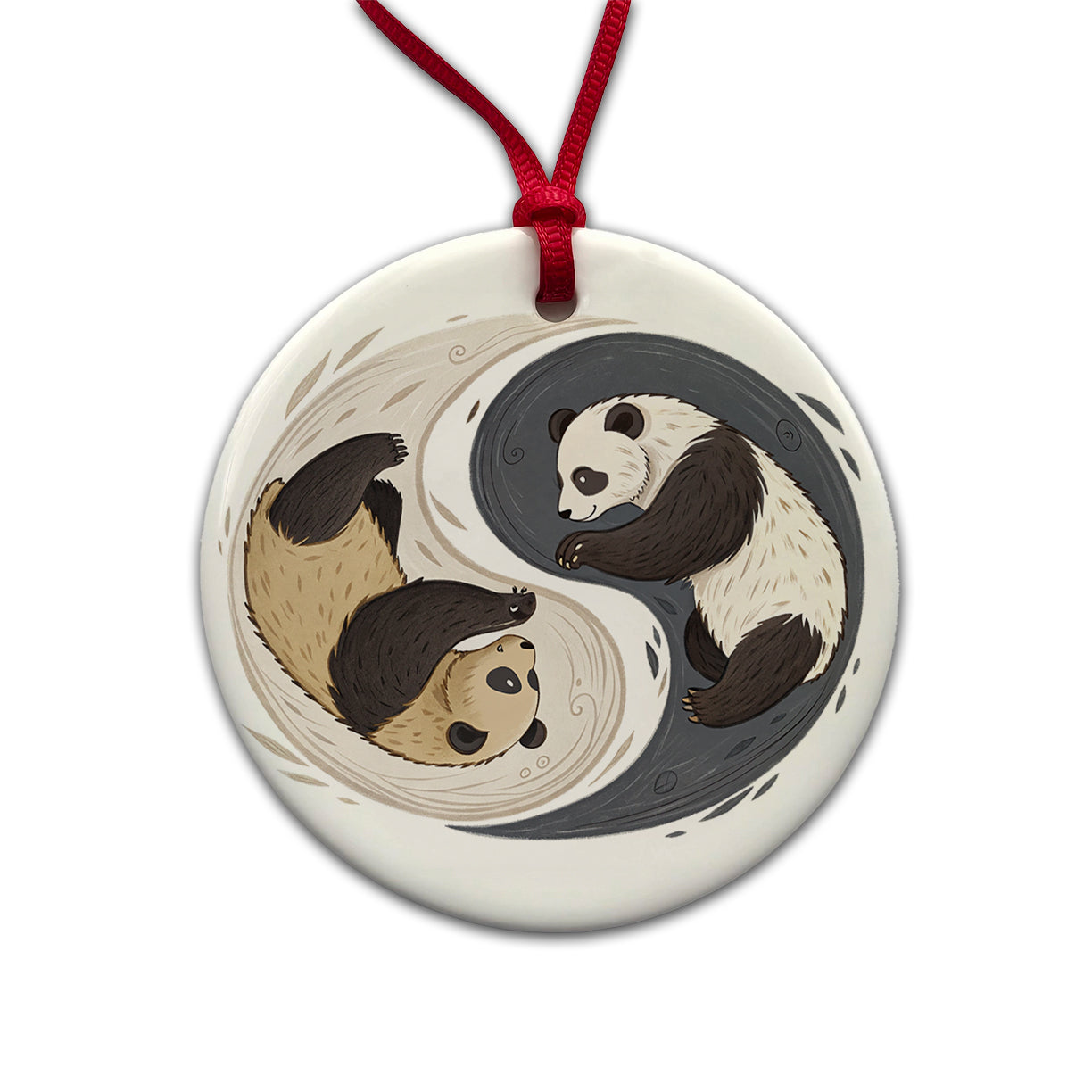 Two Pandas Yin Yang Round Ceramic Holiday Christmas Tree Ornament