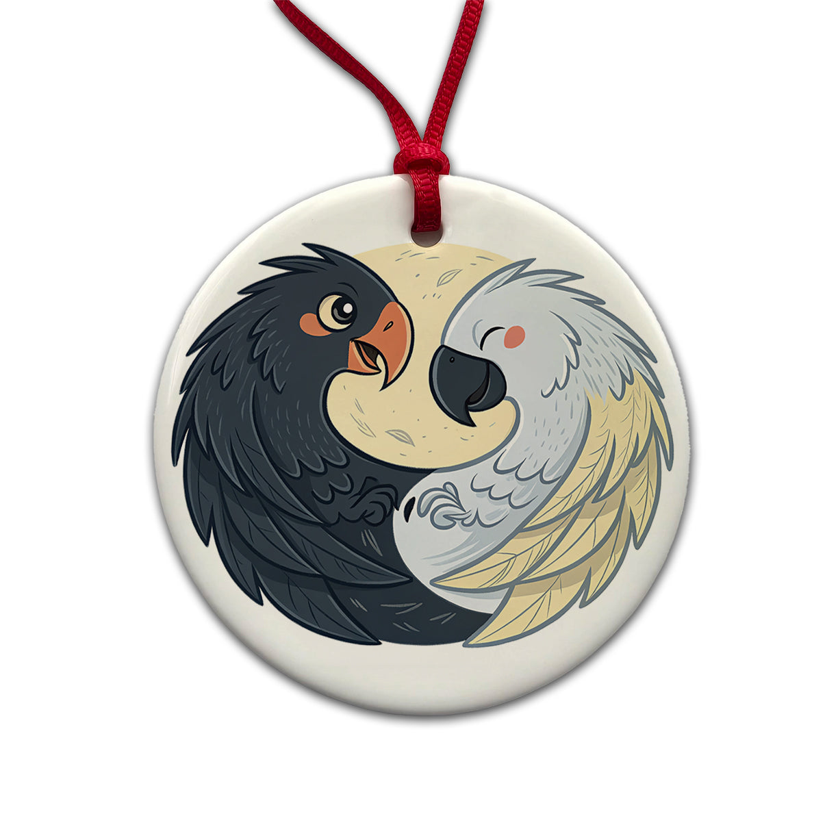 Two Parrots Yin Yang Round Ceramic Holiday Christmas Tree Ornament