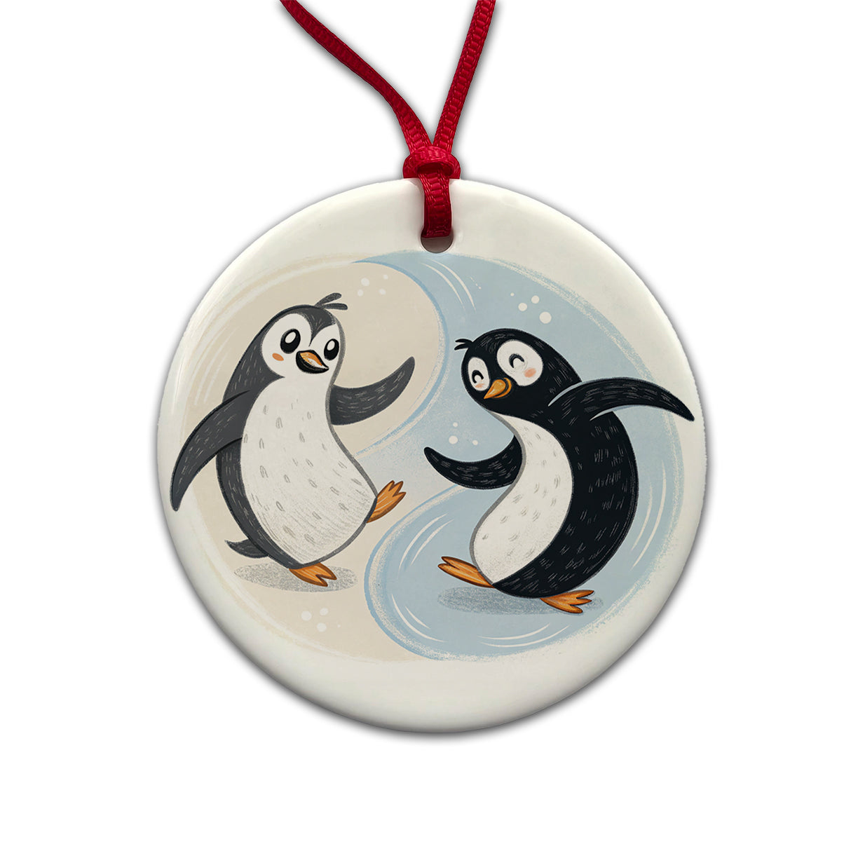 Two Penguins Yin Yang Cute Round Ceramic Holiday Christmas Tree Ornament