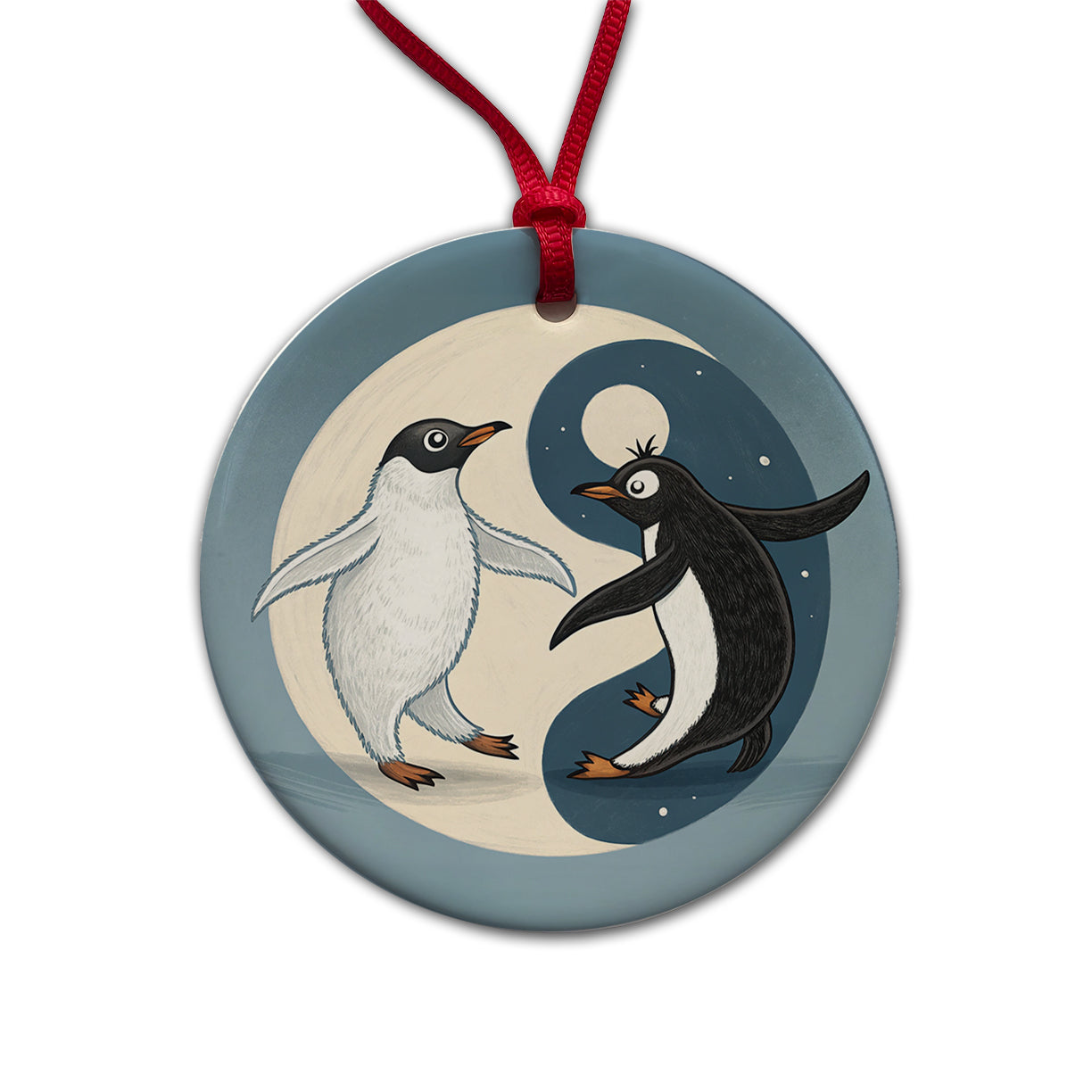 Two Penguins Yin Yang Round Ceramic Holiday Christmas Tree Ornament