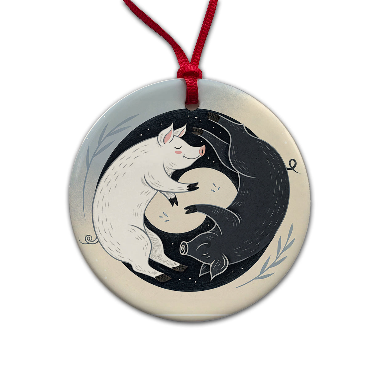 Two Pigs Yin Yang Black White Round Ceramic Holiday Christmas Tree Ornament