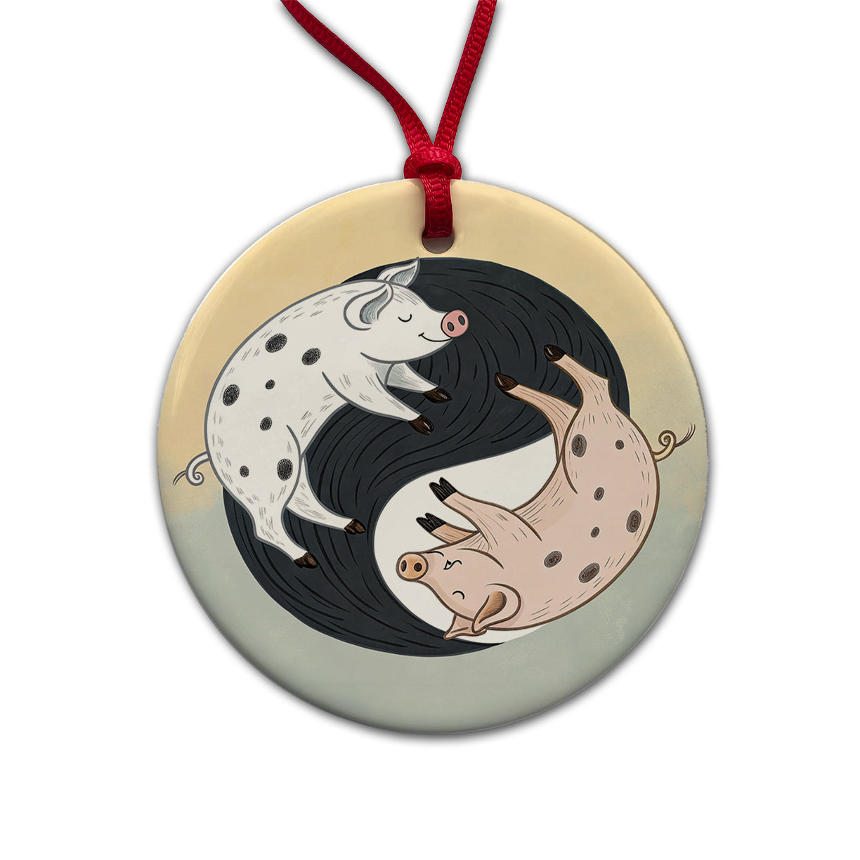 Two Pigs Yin Yang Sweet Round Ceramic Holiday Christmas Tree Ornament