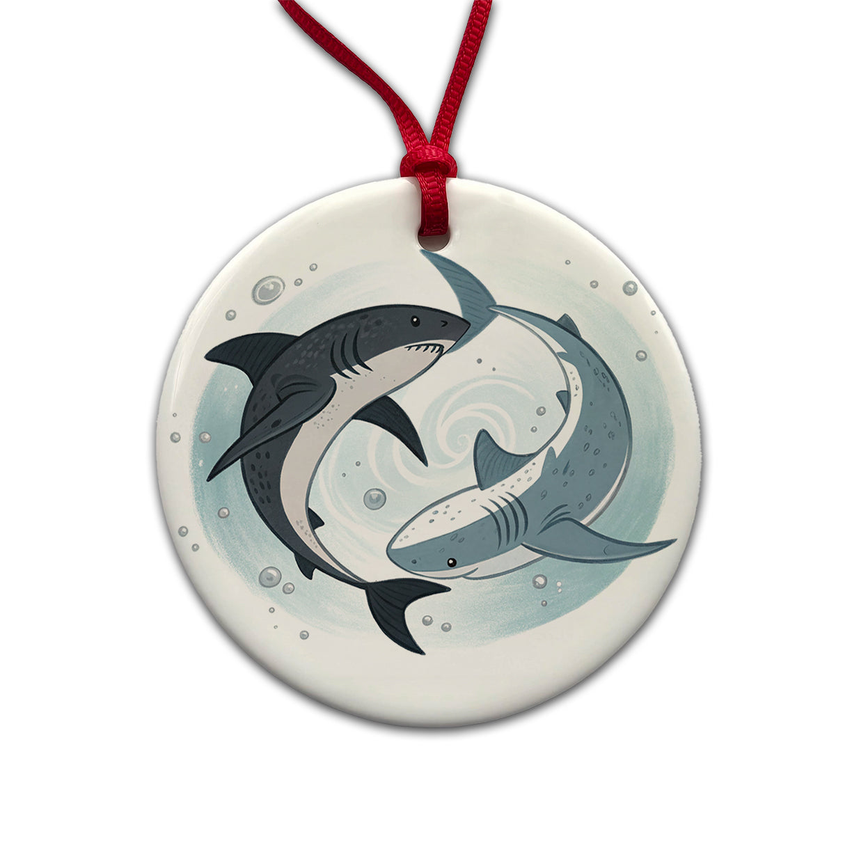 Two Sharks Yin Yang Round Ceramic Holiday Christmas Tree Ornament