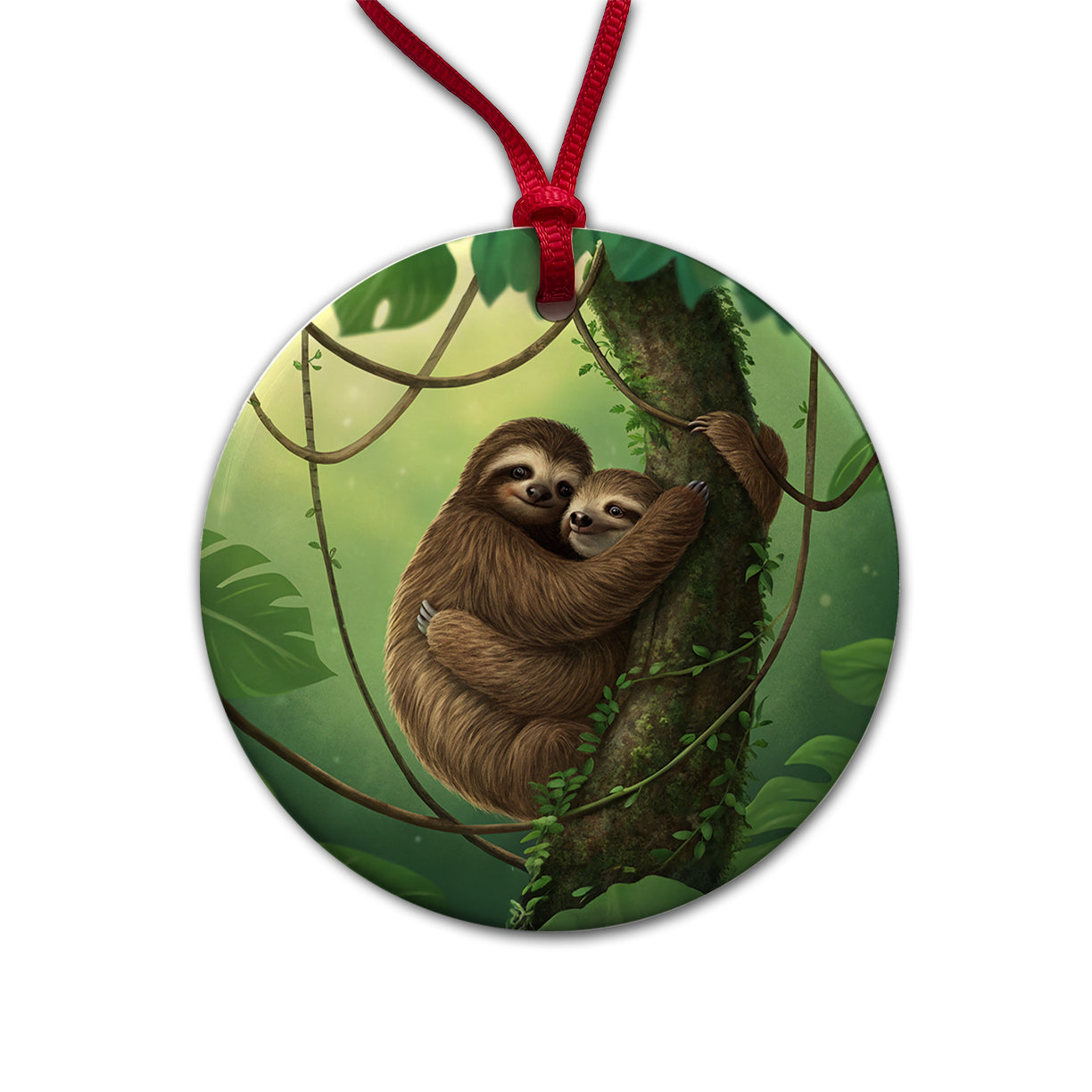 Two Sloths Hugging Round Ceramic Holiday Christmas Tree Ornament