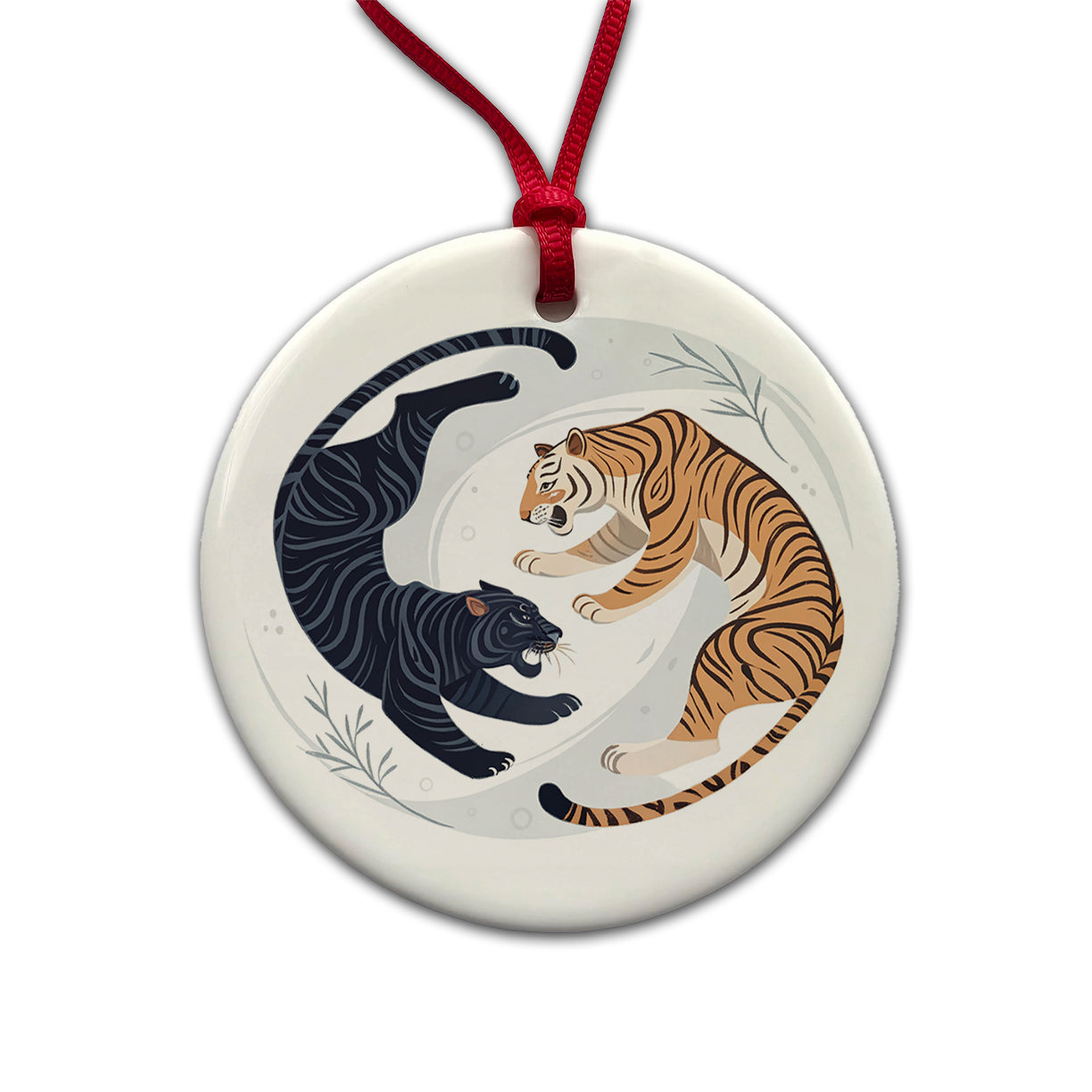 Two Tigers Yin Yang Illustration Round Ceramic Holiday Christmas Tree Ornament